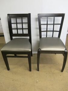 22 x Restaurant Dining Chairs in Dark Wood and Upholstered in Silver Coloured Faux Leather.