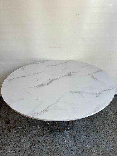 White Marble Effect Round Wood Top Table on Chrome Pedestal Base. Size Dia 120cm. NOTE: requires bolts, condition as viewed)