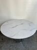White Marble Effect Round Wood Top Table on Chrome Pedestal Base. Size Dia 120cm. NOTE: requires bolts, condition as viewed)