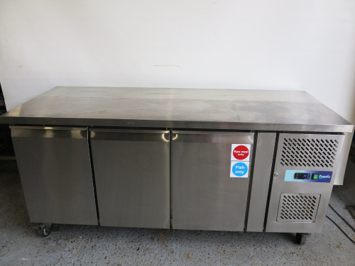 Prodis 3 Door Undercounter Mobile Stainless Steel Preparation Fridge, Model GRM-C3R. Size H85 x W179 x D70cm.