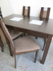 Dark Wood Table with 2 Glass Inlay & 4 x Dining Chairs with Fabric Seat & Back Rest. Size H70 x W75 x L120cm. NOTE: Condition as viewed. - 2