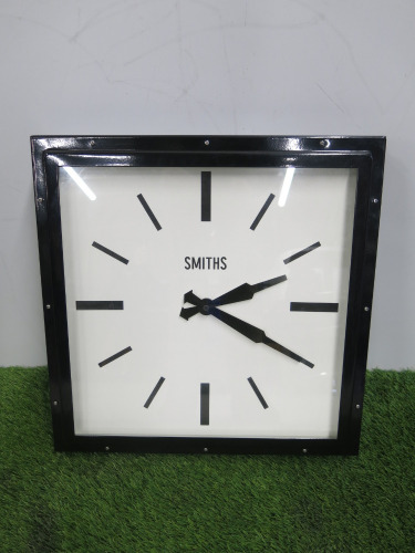 Smith's Square Clock in Black Metal Frame. Size H40 x W40 x D7cm.