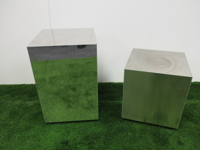 Pair of Metal Wrapped Stools to Include: Highly Polished Cube Stool (Size H55 x W35 x D35cm) & Brushed Cube Stool (Size H40 x W35 x D35cm).