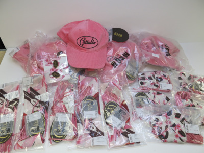 MSGM & Gattulio Hats & Accessories Lot to Include: 7 x Pink Caps (RRP £140 each), 5 x Scrunchies (RRP £70 each), 5 x Bandeau (RRP £120 each) & 1 x Set of Pin Badges (RRP £35.00). Total RRP £1965.00.