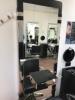 Wall Mounted Hair Stylist Mirror with Black & Mirrored Frame, Black Glass Shelf & Utensil Holder. Size (H) 181cm x (W) 70 cm - 3