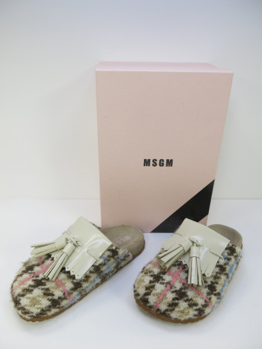 Pair of MSGM Boxed/New Women's Slippers in Cream & Brown with Pink & Blue Stripe, Tassels & Dustcover, Size 38, RRP £475.00.