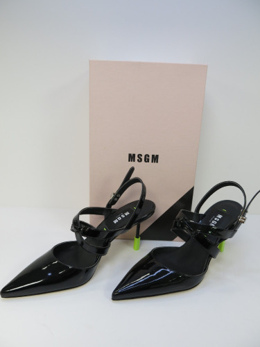 Pair of MSGM Boxed/New Women's High Heel Patent Pumps in Black with Dustcover, Size 37, RRP £455.00.