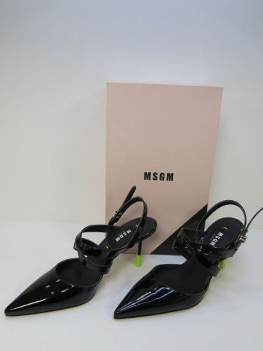 Pair of MSGM Boxed/New Women's High Heel Patent Pumps in Black with Dustcover, Size 37, RRP £455.00.