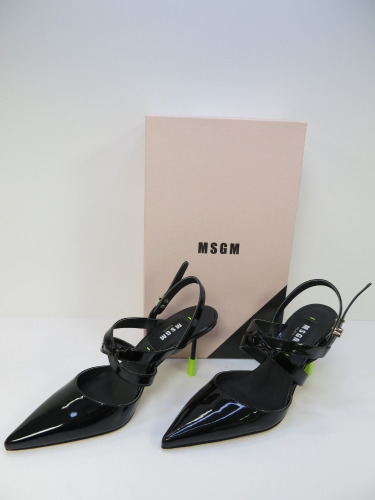 Pair of MSGM Boxed/New Women's High Heel Patent Pumps in Black with Dustcover, Size 37, RRP £455.00.