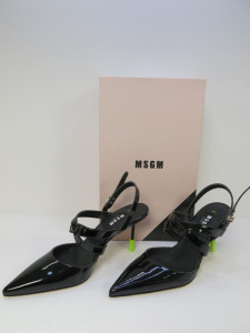 Pair of MSGM Boxed/New Women's High Heel Patent Pumps in Black with Dustcover, Size 37, RRP £455.00.