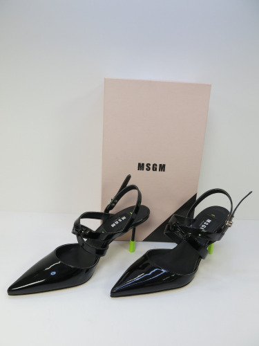 Pair of MSGM Boxed/New Women's High Heel Patent Pumps in Black with Dustcover, Size 37, RRP £455.00.