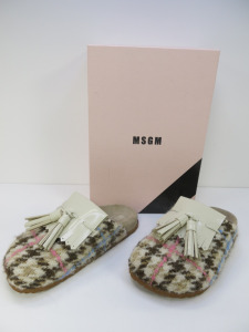 Pair of MSGM Boxed/New Women's Slippers in Cream & Brown with Pink & Blue Stripe, Tassels & Dustcover, Size 37, RRP £475.00.