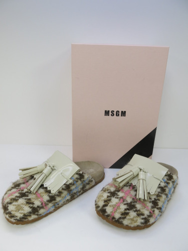 Pair of MSGM Boxed/New Women's Slippers in Cream & Brown with Pink & Blue Stripe, Tassels & Dustcover, Size 39, RRP £475.00.