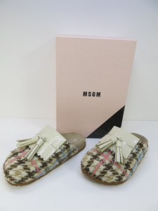 Pair of MSGM Boxed/New Women's Slippers in Cream & Brown with Pink & Blue Stripe, Tassels & Dustcover, Size 40, RRP £475.00.