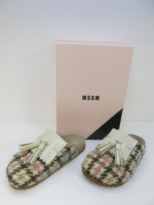 Pair of MSGM Boxed/New Women's Slippers in Cream & Brown with Pink & Blue Stripe, Tassels & Dustcover, Size 40, RRP £475.00.