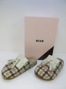 Pair of MSGM Boxed/New Women's Slippers in Cream & Brown with Pink & Blue Stripe, Tassels & Dustcover, Size 41, RRP £475.00.