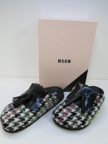 Pair of MSGM Boxed/New Women's Slippers in Black & White with Pink & Green Stripe, Tassels & Dustcover, Size 37, RRP £475.00.