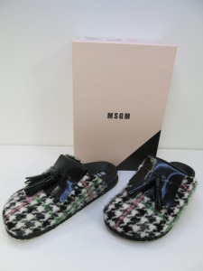 Pair of MSGM Boxed/New Women's Slippers in Black & White with Pink & Green Stripe, Tassels & Dustcover, Size 38, RRP £475.00.