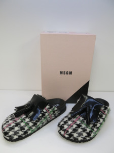 Pair of MSGM Boxed/New Women's Slippers in Black & White with Pink & Green Stripe, Tassels & Dustcover, Size 38, RRP £475.00.