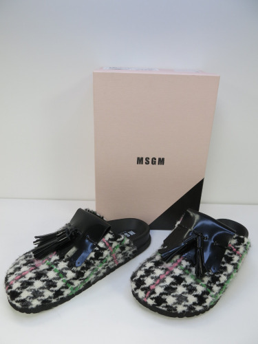 Pair of MSGM Boxed/New Women's Slippers in Black & White with Pink & Green Stripe, Tassels & Dustcover, Size 39, RRP £475.00.