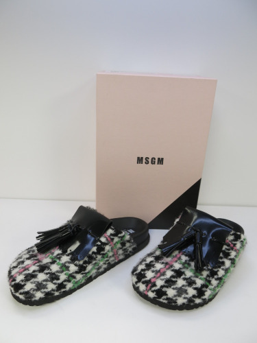 Pair of MSGM Boxed/New Women's Slippers in Black & White with Pink & Green Stripe, Tassels & Dustcover, Size 40, RRP £475.00.