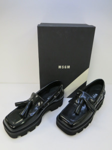 Pair of MSGM Boxed/New Men's Loafers in Black Patent with Tassels & Dustcover, Size 39, RRP £660.00.