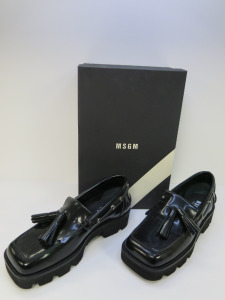 Pair of MSGM Boxed/New Men's Loafers in Black Patent with Tassels & Dustcover, Size 40, RRP £660.00.