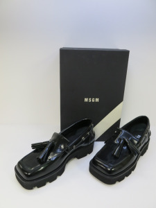 Pair of MSGM Boxed/New Men's Loafers in Black Patent with Tassels & Dustcover, Size 42, RRP £660.00.