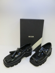 Pair of MSGM Boxed/New Men's Loafers in Black Patent with Tassels & Dustcover, Size 43, RRP £660.00.