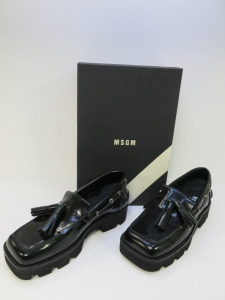 Pair of MSGM Boxed/New Men's Loafers in Black Patent with Tassels & Dustcover, Size 45, RRP £660.00.