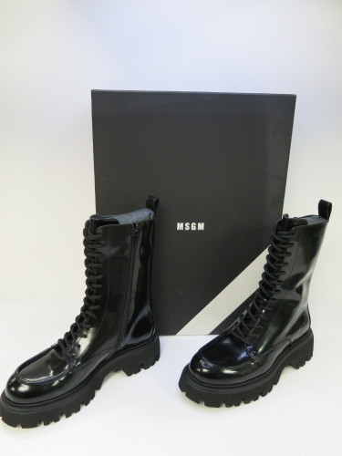 Pair of MSGM Boxed/New Combat High Zip Patent Black Boots with Dustcover, Size 40, RRP £505.00.