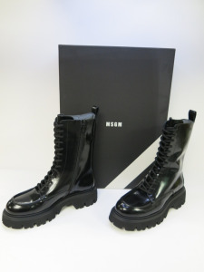 Pair of MSGM Boxed/New Combat High Zip Patent Black Boots with Dustcover, Size 46, RRP £505.00.