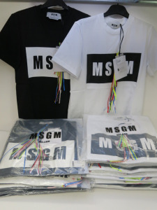 34 x MSGM Milano T-Shirts with 'MSGM' Motif in Black & White, Cotton, in Assorted Sizes, RRP £100. Total RRP Approx £3400.00.