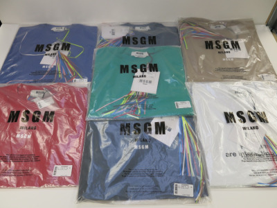 105 x MSGM Milano T-Shirts with 'MSGM' Motif, Cotton to Include: 9 x Beige, 21 x White, 7 x Green, 3 x Blue, 7 x Red, 54 x Black or Navy in Assorted Sizes, RRP £105 each. Total RRP Approx £10,000.