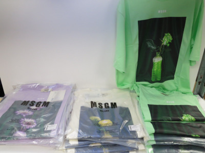 25 x MSGM Fantastic Green T-Shirts, Organic Cotton to Include: 10 x Purple, 8 x Green, 7 x Cream in Assorted Sizes, RRP £210.00