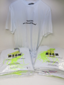 19 x MSGM Crash Baggage T-Shirts with 'I Have a Crush on You & Hard Times are Interesting Times' in White, Cotton, RRP £115.00 each.