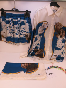 19 x MSGM Milano Long Sleeve Shirt & Matching Bermuda Shorts with Foulard in Cream, Blue & Gold to Include: 7 x Shirts, Size (38/40/40/42/42/44), RRP £425, 8 x Shorts, Size (38/38/38/40/40/42/44/46), RRP £295 & 2 x Foulard, RRP £195. Total RRP £5725.00.