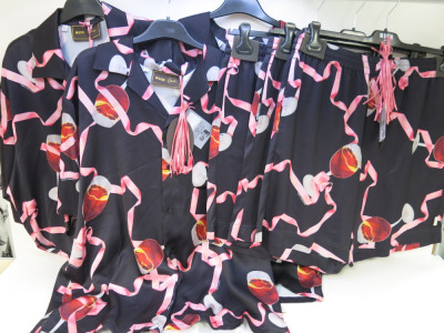 6 x MSGM Milano Gattulio Short Sleeve Shirts & Matching Bermuda Shorts in Black with Pink Ribbon & Wine Glass Pattern to Include: 3 x Shirts, Size (39/40/41), RRP £245 & 3 x Shorts, Size (S/M/L)), RRP £190. Total RRP £1300.00.