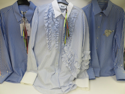 3 x MSGM Milano Long Sleeve Camica Shirts in Blue & White Stripe, Cotton to Include: 1 x Ruffled, Size 46, RRP £345 & 2 x Heart Motif, Size (38/46), RRP £365, Total RRP £1065.00.