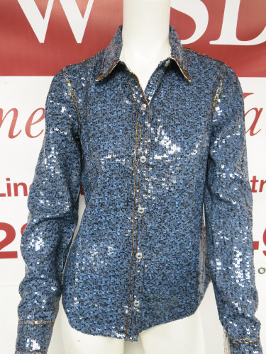 MSGM Milano Handcrafted Long Sleeve Blue & Gold Sequin Camicia Shirt, Size 36, RRP £1100.00.