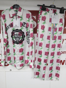 10 x MSGM Milano Long Sleeve Shirts & Matching Pants/Trousers in White with Pink Rose to Include: 2 x Shirts, Sizes (38/40), RRP £395, 8 x Pants, Sizes (42/42/44/44/46/46/48/50), RRP £325. Total RRP £2575.00