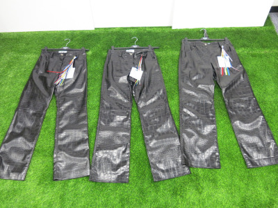 3 x MSGM Milano Black Crocodile Effect Trousers, Size (40/42/46), RRP £395, Total £1185.00.