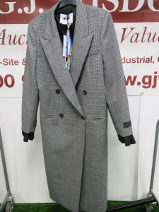 MSGM Milano Cappotto Coat in Grey Check with Black Ruffle Sleeves, Size 42, RRP £795.00.