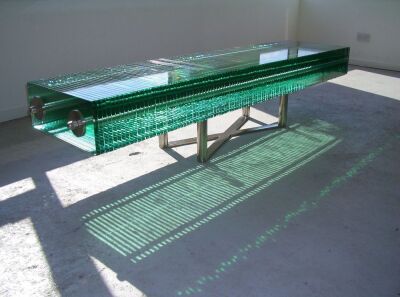 Danny Lane Glass Sculpture "Max Plank" Glass Bench in 19mm Float Glass and Stainless Steel, Low Iron Glass, 210cm Wide x 50cm Deep, 46cm High