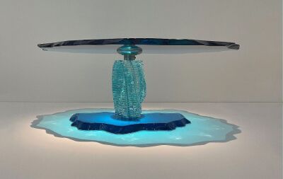 Danny Lane Sculpture "Azure" Copper Blue Studio Glass Low Iron Glass Coffee Table, 71cm High x 113cm Wide x 940 Wide.