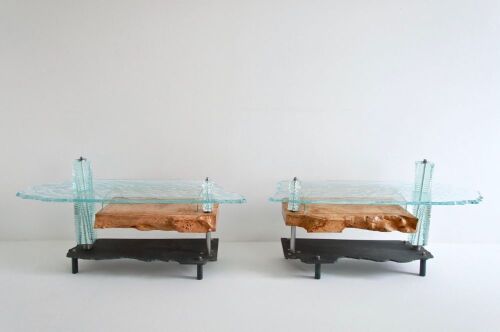 Danny Lane Glass Sculpture "Rorsach Bedside Table" 2 x Matching Low Iron Glass, Mild Steel on Popular Timber Tables.