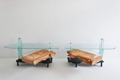 Danny Lane Glass Sculpture "Rorsach Bedside Tables" 2 x Matching Low Iron Glass, Mild Steel on Popular Timber Tables. Size Height 53cm x Width 138cm x Depth 53cm. NOTE: 1 table missing top as damaged. Danny Lane would assist in the production of another t