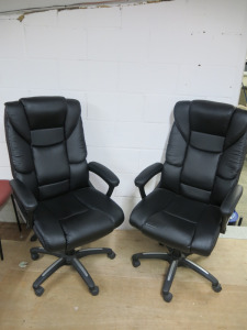 2 x Office Swivel Chairs Upholstered in Black Faux Leather.