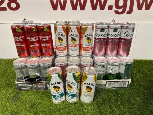 41 x Assorted Cans of Gin, Vodka, Rum to Include: 3 x Packs of 12 Cans Alcohol to Include: 1 x Smirnoff Vodka & Cranberry, 1 x Captain Morgan Gold & 1 x Gordons Gin & Tonic, 25cl & 15 x Loose Cans of Malibu,Gordons & Captain Morgan .