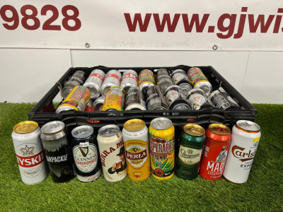 Crate Containing 55 x Cans of Assorted Beers & Lagers to Include: 8 x Staropramen, 440ml, 7 x Carlsberg Export, 500ml, 7 x Madri 440ml, 8 x Moretti, 440ml, 6 x Tyskie, 500ml, 7 x Desperado, 500ml, 6 x Guinness, 440ml, 5 x Karpackie, 500ml & 1 x Perla, 500